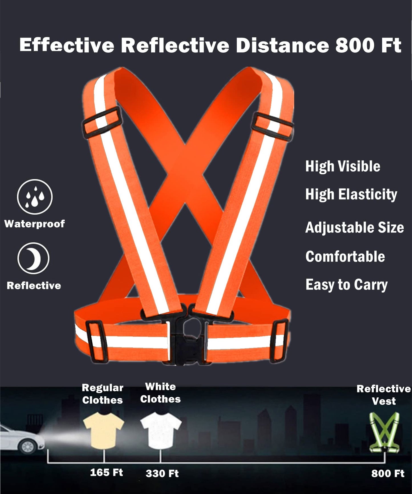 YUNLOVXEE Reflective Strap Safety Vest Gear - 2-10 Pack Adjustable High Visible Reflective Running Gear for Women Men Night (Orange x2)