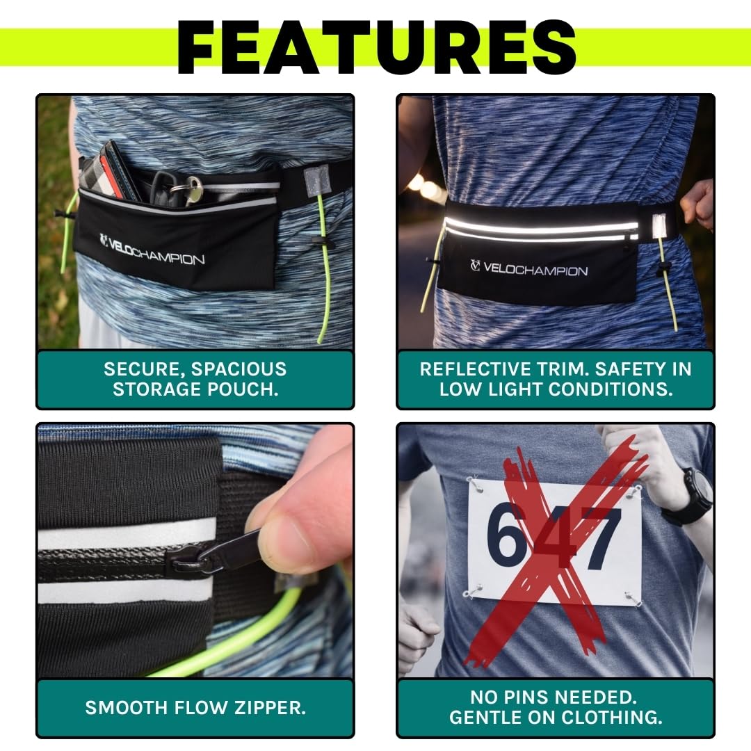 VeloChampion Reflective Running Number Belt Waist Pack + Storage Pouch Pocket. Elastic Adjustable Fit with Clip Fastening. Perfect for Fun Run, 5k, 10k, Marathon, Triathlon, Cycling