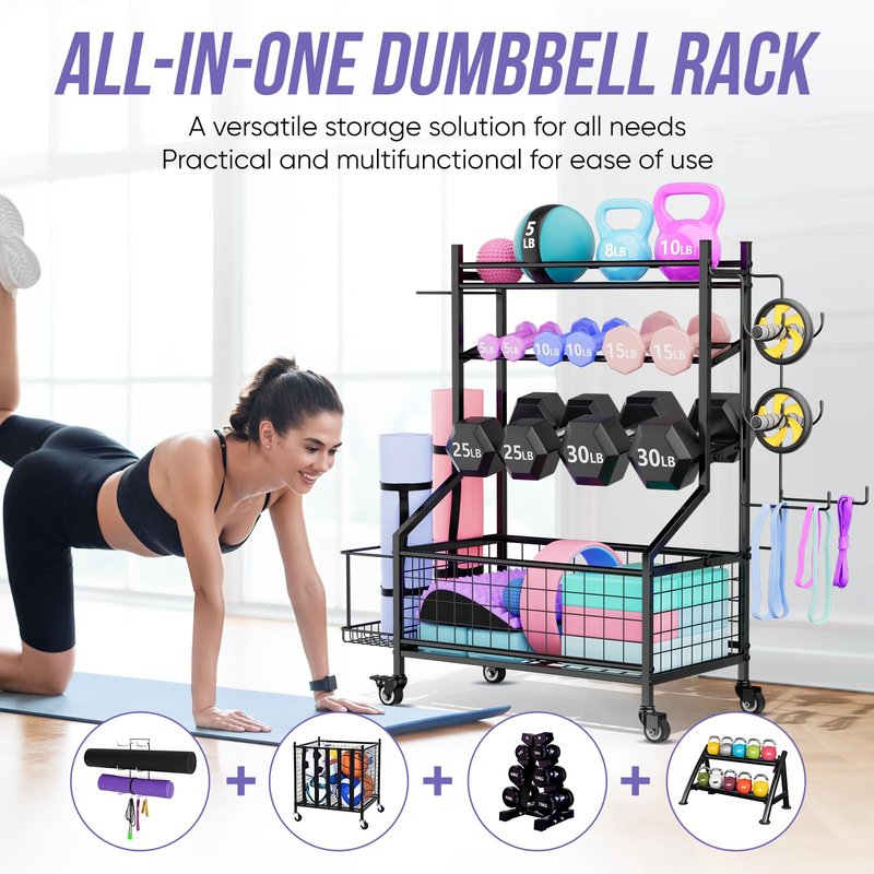 WUC Dumbbell Rack, Adjustable Weight Rack for Home Gym Storage, All-in-One Workout Storage Racks with Wheels and Hooks for Dumbbells, Kettlebells, Yoga Mats & Balls, Durable Powder Coated Steel, Black