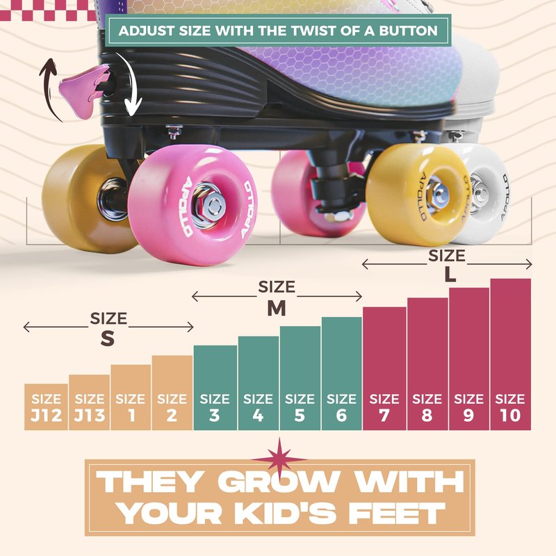 APOLLO Retro Skates - Size Adjustable Quad Skates for Girls & Women - High Heel Rollerskates - Disco Quads - Dancing Queen S / J12-2