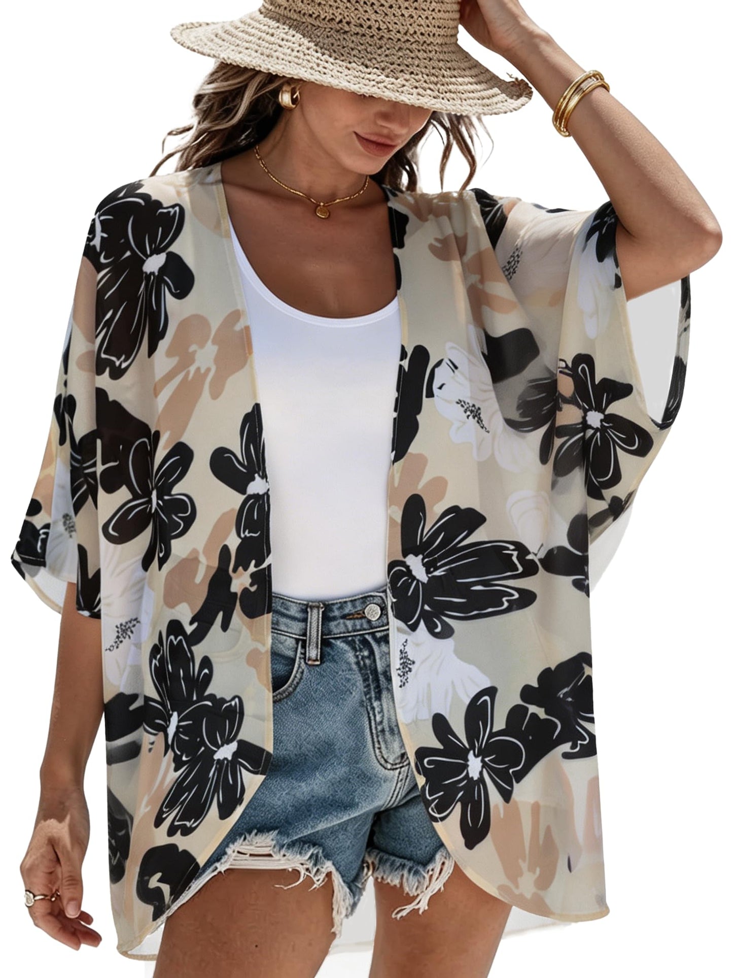 Women's Floral Kimono Cardigan Cover Up Casual Tops,Dasiy Khaki,4XL