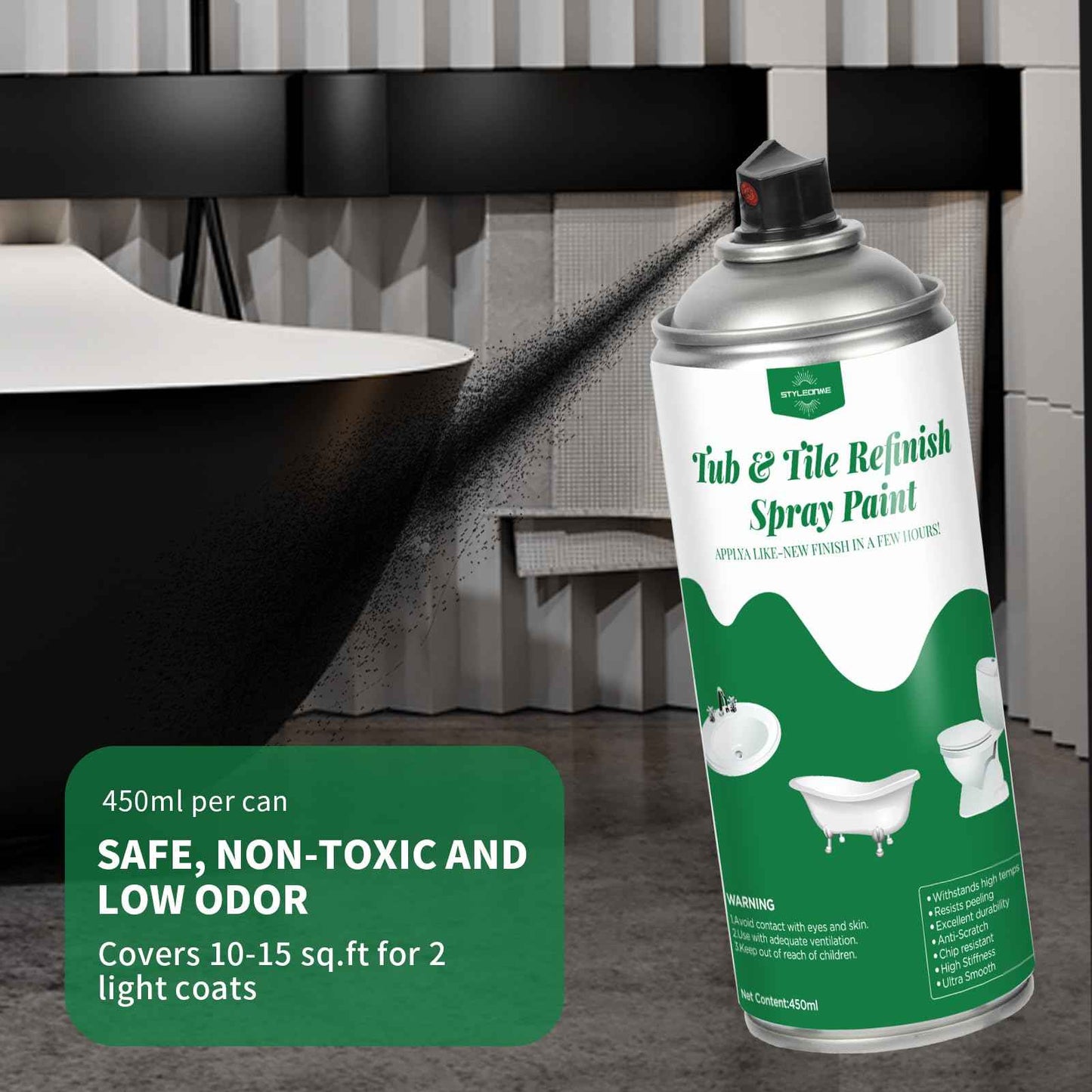 styleonme Tub and Tile Spray Paint Black, 450ml 1 pack, Diy Countertop Paint kit, Suitable for Ceramic, Porcelain, Fiberglass, Bathtub, Tile, Bathroom wall Repair Spray Paints