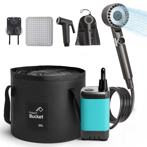 Rechargeable Camping Shower Pump, 9000mAh Portable Shower for Camping, 4 Sprayer Modes Electric Outdoor Shower Head IPX7 Waterproof USB Battery Powered Kit with 5 Gallon Bucket&Foot Pad (Blue)