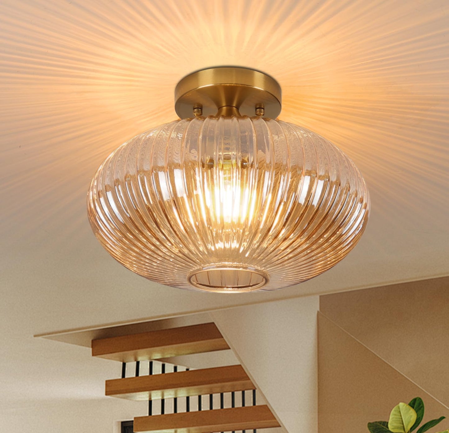 JERANDO Gold Semi Flush Mount Ceiling Lights, Vintage Globe Glass Hallway Light Fixtures, 11.8" Amber Glass Ceiling Lighting E26 Base Indoor Lamp for Closet, Hallway, Kitchen, Dining Room