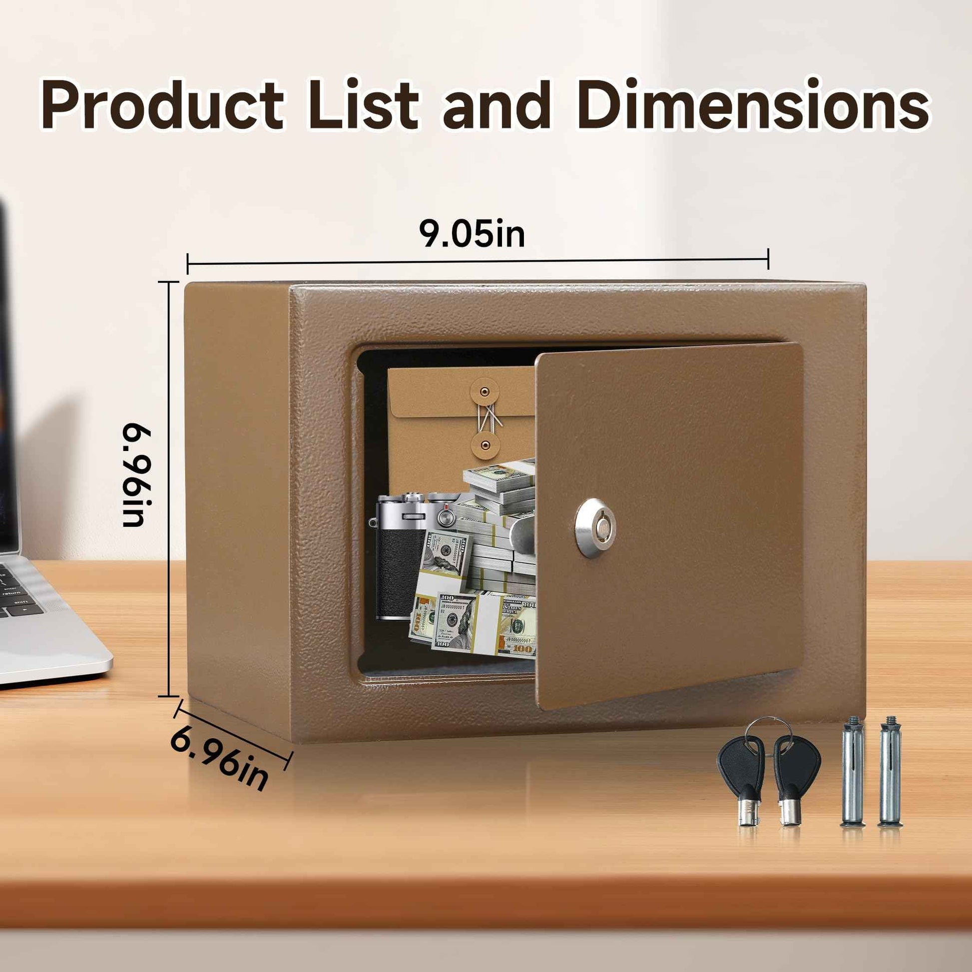 ELLAIG 0.24Cuft Small Safe Box Money Cash Safe Keys Gun Safe Mini Security Lock Safe Boxes for Coin Home Office Hotel Rooms Business Jewelry Gun 9.05 x 6.7 x 6.7 inches(Brown)
