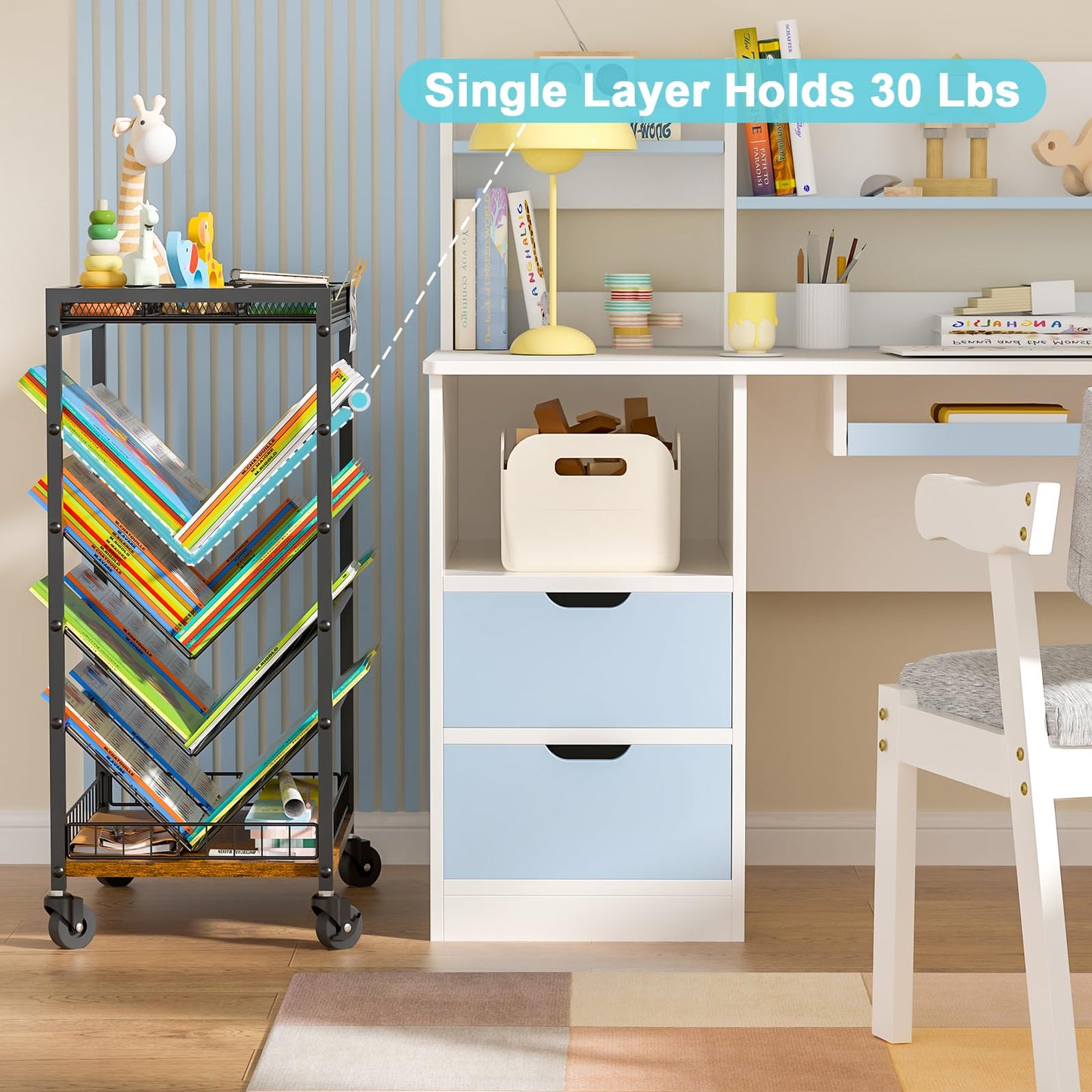 8-Tier Book Cart with Wheels for Kids, Rolling Utility Cart with Lockable Casters Rolling Book Storage Rack for Study Office Living Room Classroom