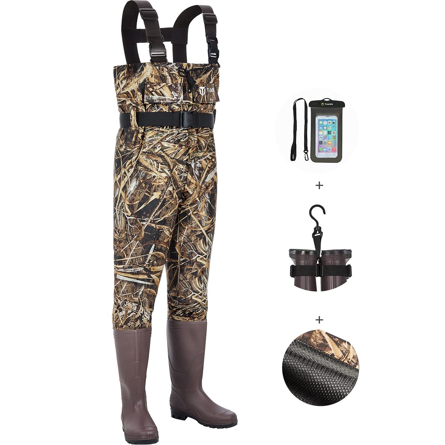 TIDEWE Chest Waders with Mesh Lining(Upgraded), Realtree Max 5 Camo Waterproof Waders for Fishing & Hunting, Bootfoot PVC Waders with Boot Hanger for Men & Women (Size 5)