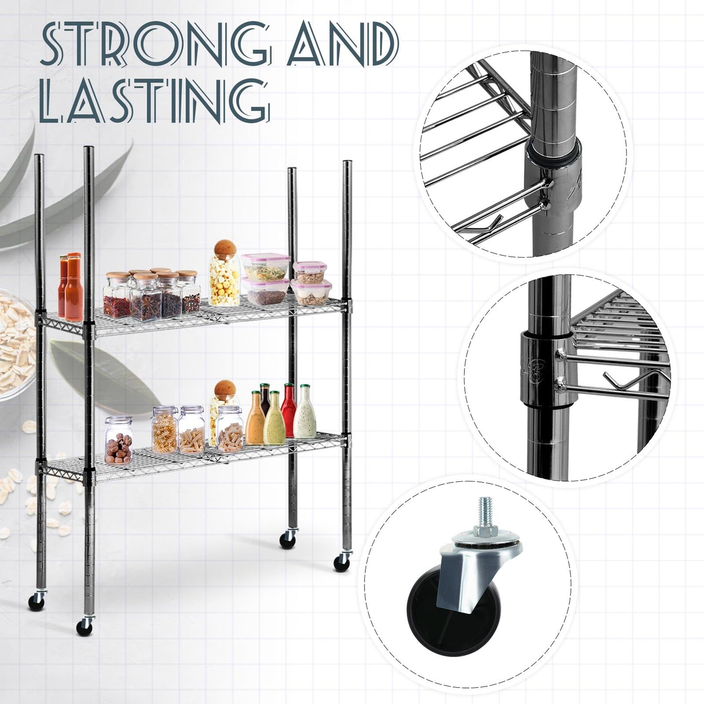 Yaocom Set of 4 Wire Shelving Poles with 50 Pcs Plastic Shelf Clips Chrome Posts with Caster Wheels Parts for 1 Post Rack Accessories Replacement(Black,74 Inch)