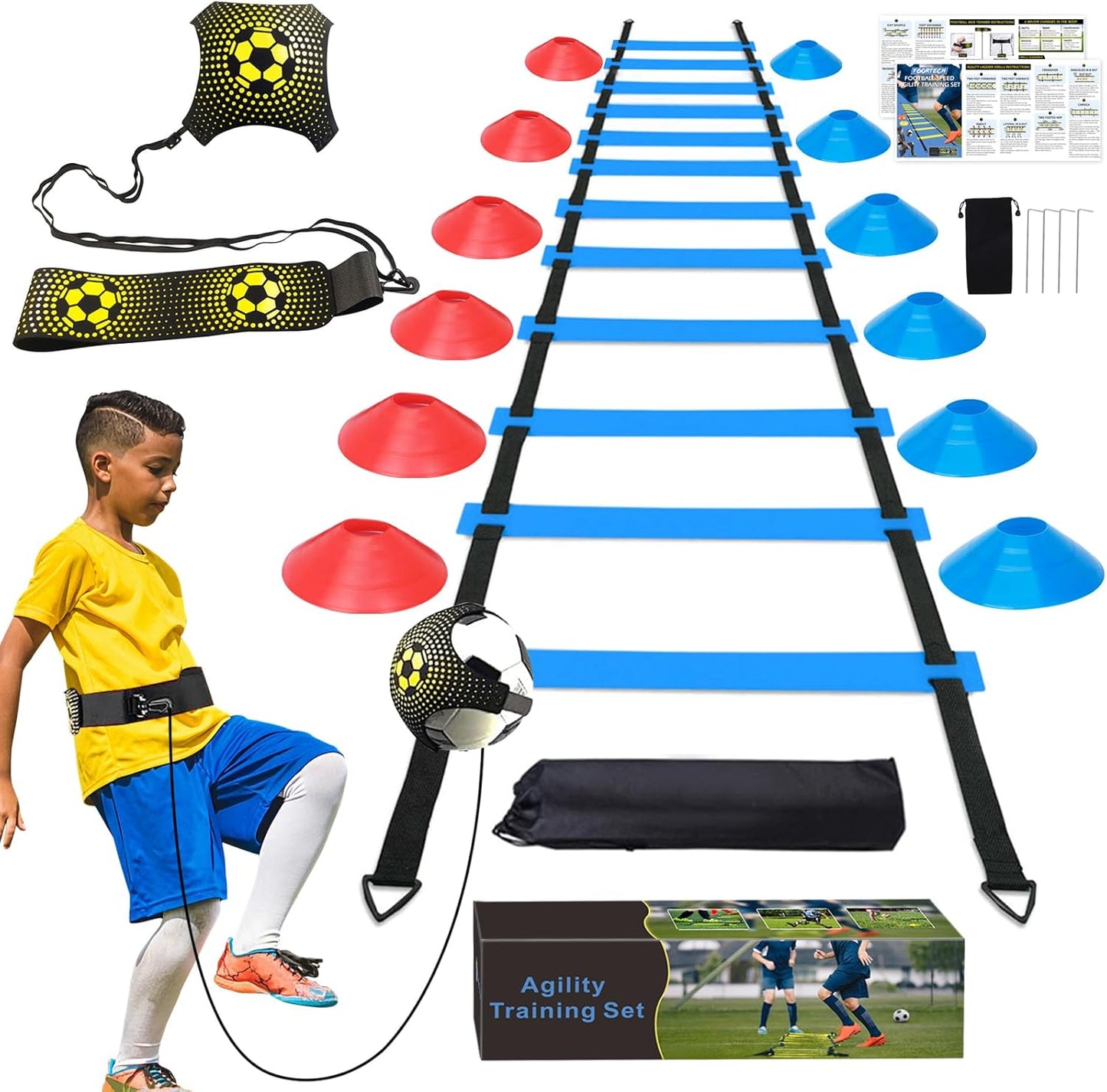 Soccer Speed Agility Training Set - 20FT Agility Ladder with 12/16 Sports Cones & Kick Trainer