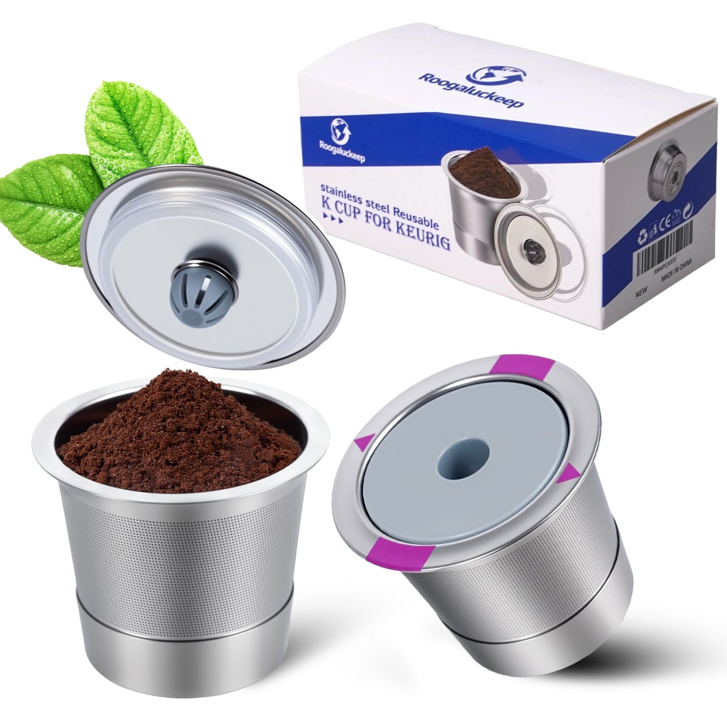 Roogaluckeep 2 Pack Reusable Stainless Steel K Cup for Keurig, Stainless Steel Refilled K -Cups Coffee Filter, Universal Fit Reusable Coffee Pod for Keurig Family