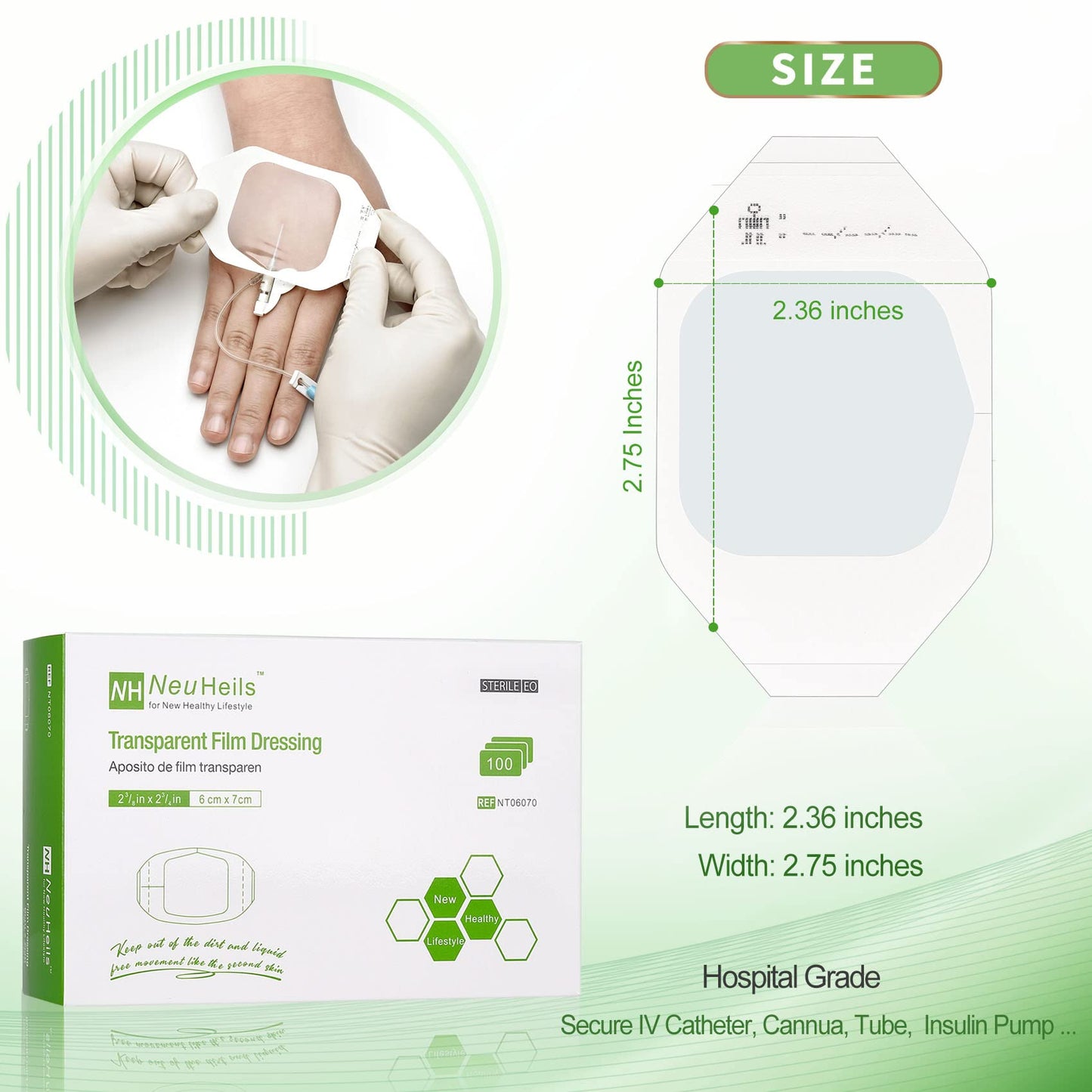 NeuHeils Transparent Film Dressing 2 3/8'' x 2 3/4'', 100 Pack, Waterproof Wound Cover Bandage, Clear IV Catheter Tape, Adhesive Patch, Shower Shield
