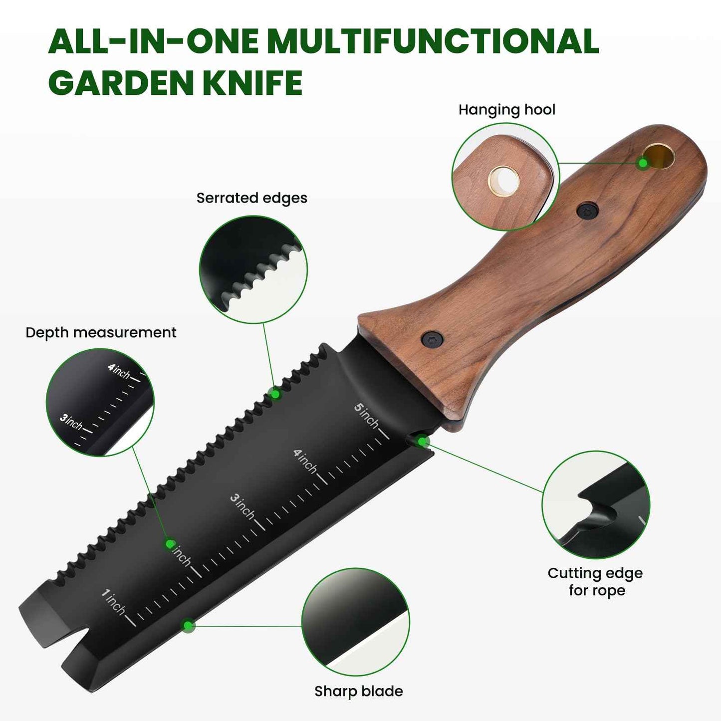 PERWIN Hori Hori Garden Knife, Garden Tools with Sheath, 6" Stainless Steel Blade with Cutting Edge, Full-Tang Walnut Ergonomic Wood Handle with Hanging Hole, Weeding, Planting, Digging…