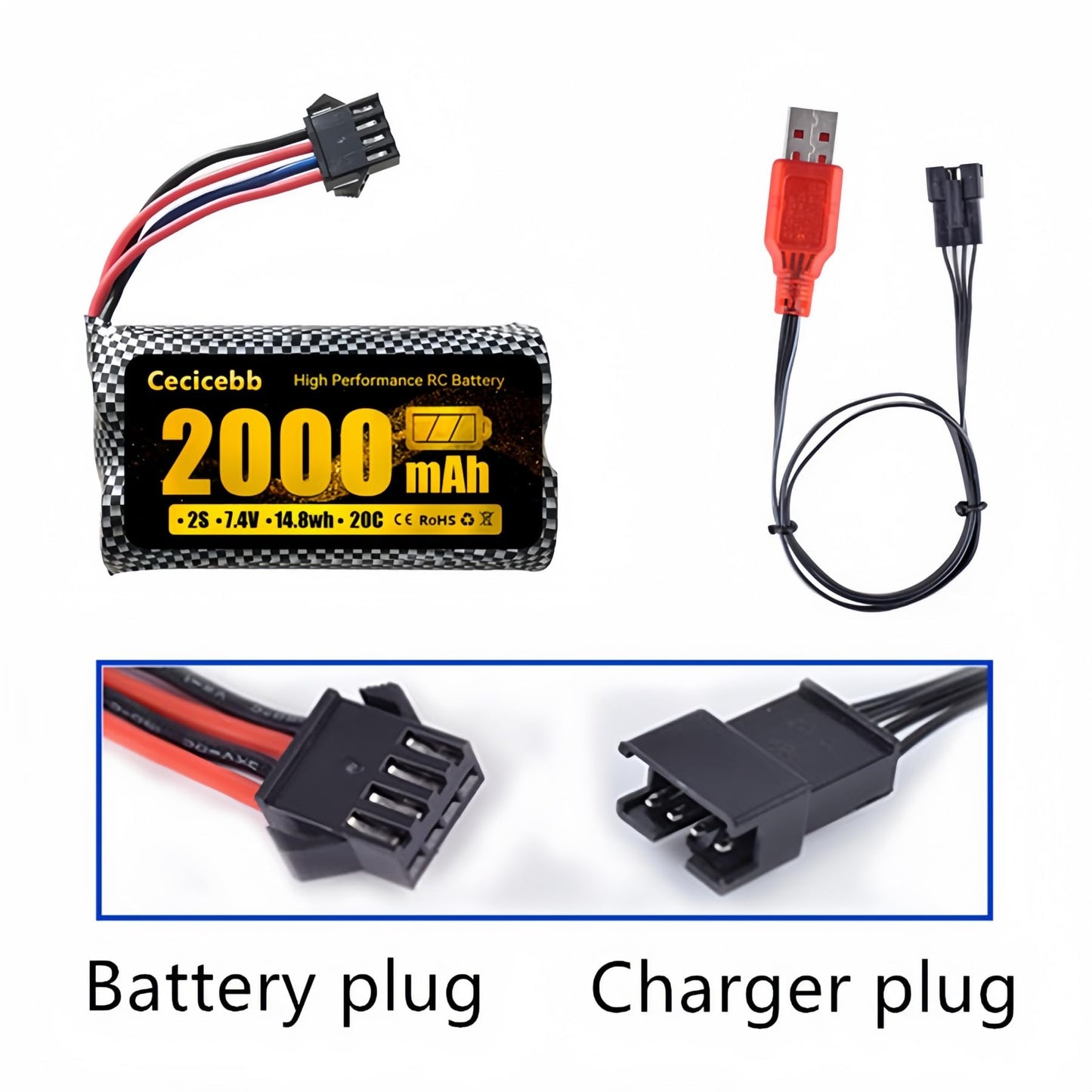 Cecicebb Airsoft Battery 2000mAh 7.4V Li-ion Battery with SM-4P Plug Fit for Airsoft Gun 2 Pack with USB Charger Cable