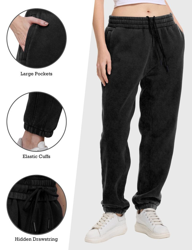 FAIABLE Heavyweight Fleece-Lined Joggers for Men, Washed Soft Relaxed Fit Sweatpants with Tapered Cuff & Drawstring - Winter Warm Cozy Casual Pants (Unisex Style) Black
