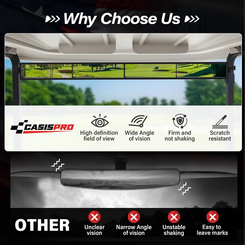 Universal Golf Cart 4 Panel Rear View Mirror for EZGO Yamaha Club Car, Wide Angle Golf Cart Mirrors, No Blind Spots