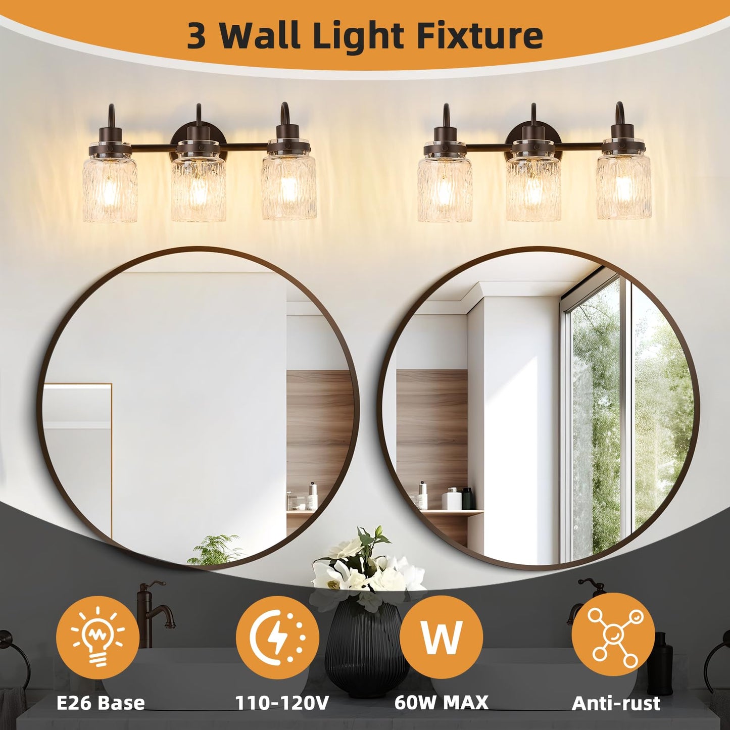 AMRUIPO 3 Lights Bathroom Vanity Light, Oil Rubbed Bronze Bathroom Light Fixtures with Hammered Glass Lampshade for Dressing Table,Over Mirror,Hallway