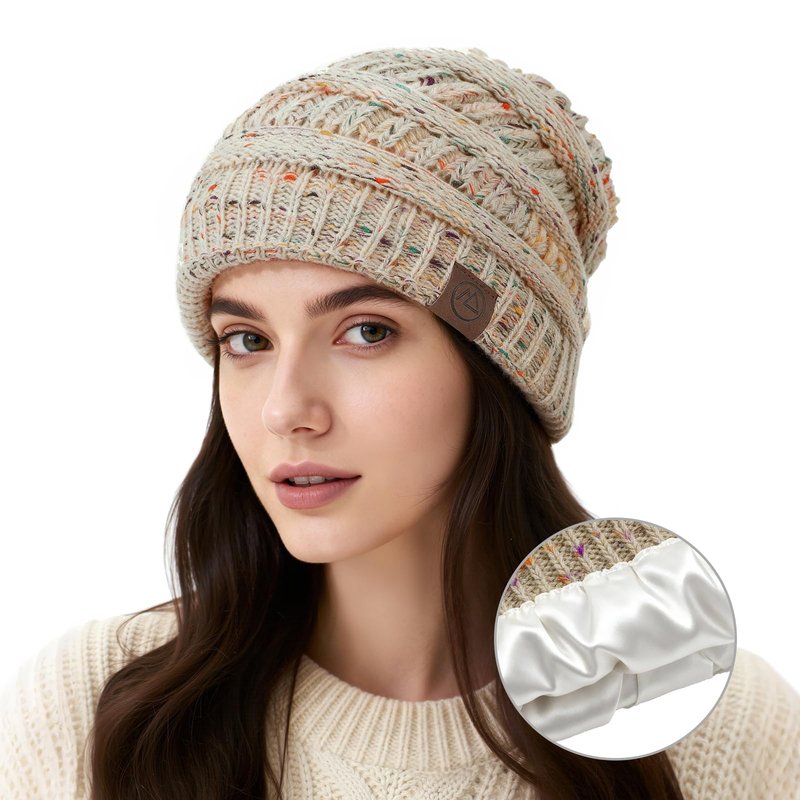 Satin Lined Beanie Women-Winter Hats for Women Silk Lined Slouchy Cute Beanie for Winter Warm Knit Ski Hat Mix Beige&Black&Purple