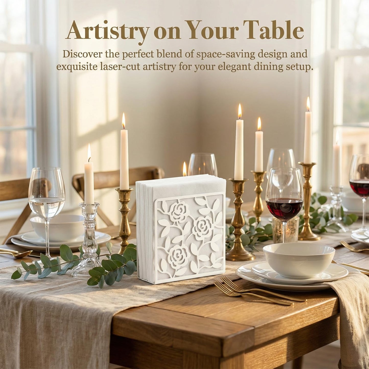 Resama Metal Napkin Holder for Table,Metal Rose Standing Napkin Holder for Kitchen Dining Tables & Countertops, Black Countertop Napkin Holders for Indoor & Outdoor,Unique Table Decor Gifts (White)
