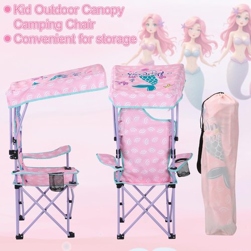 KABOER Kids Mermaid Pattern Outdoor Folding Camping Chair with Cup Holder and Carrying Bag and Canopy for Beach Picnic Camping Travel Lawn