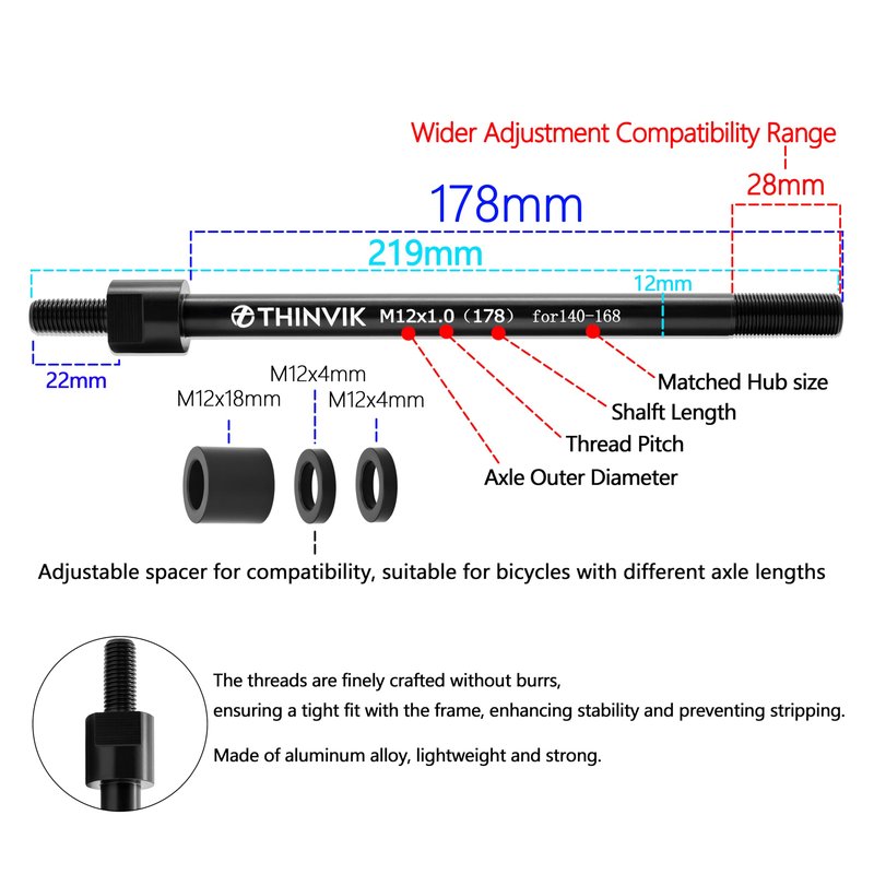 Thinvik Bike Thru Axle Adapter for Trailer Hitch 12mm Thru Axle 1.0 Thread Pitch Shaft Length 178mm