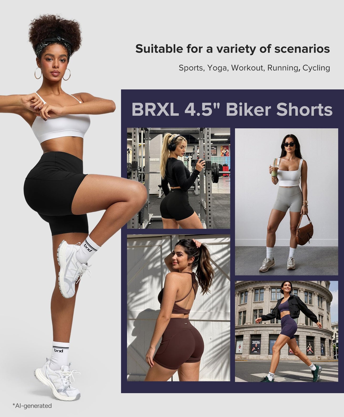 BRXL Biker Shorts Women with Pockets 4.5" Tummy Control Gym Spandex Shorts