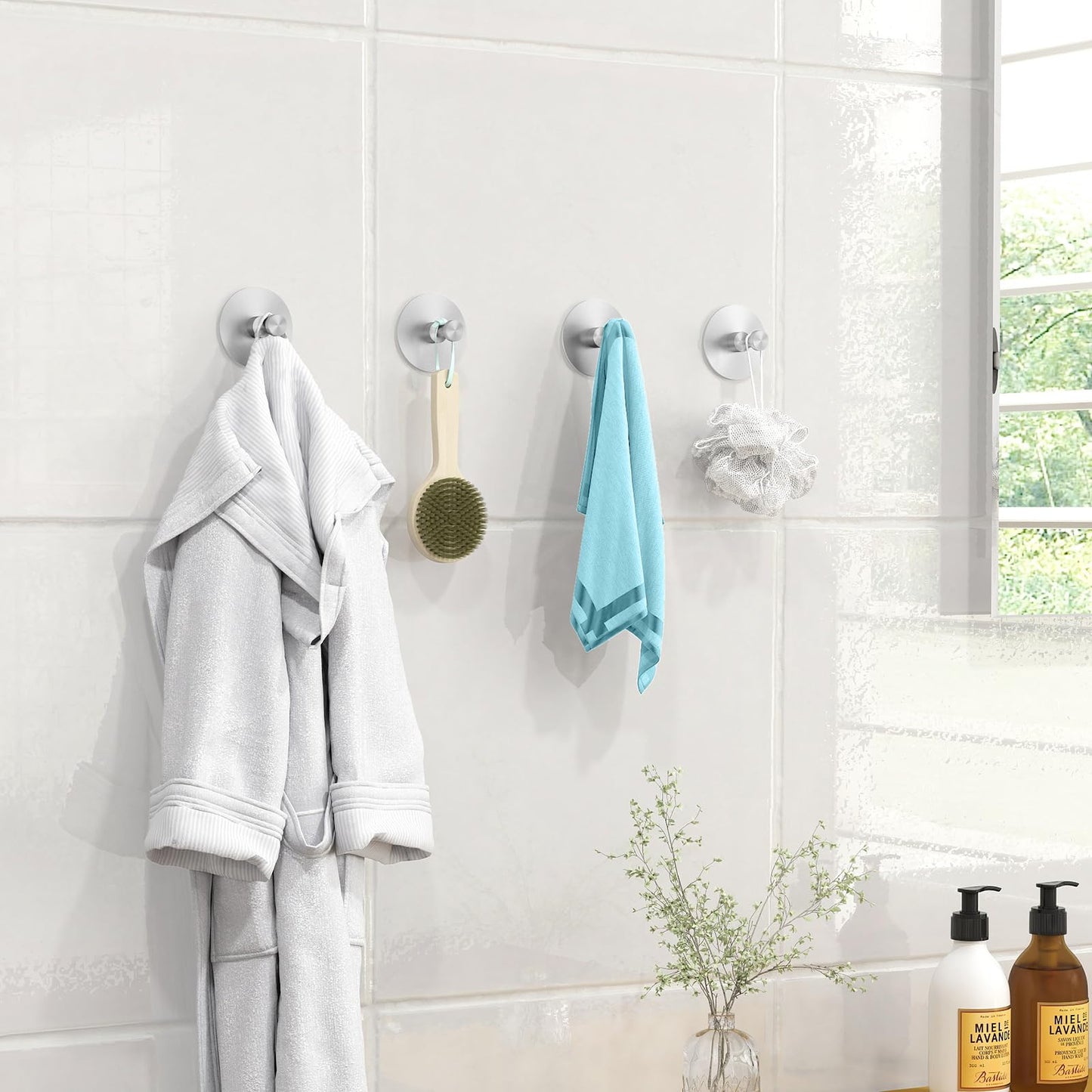 STWWO Adhesive Hooks for Walls No Damage 4 PCS, Heavy Duty Aluminum Strong Adhesive Towel Hooks for Bathrooms for Inside Shower for Hanging Loofah, Clothes, Robes