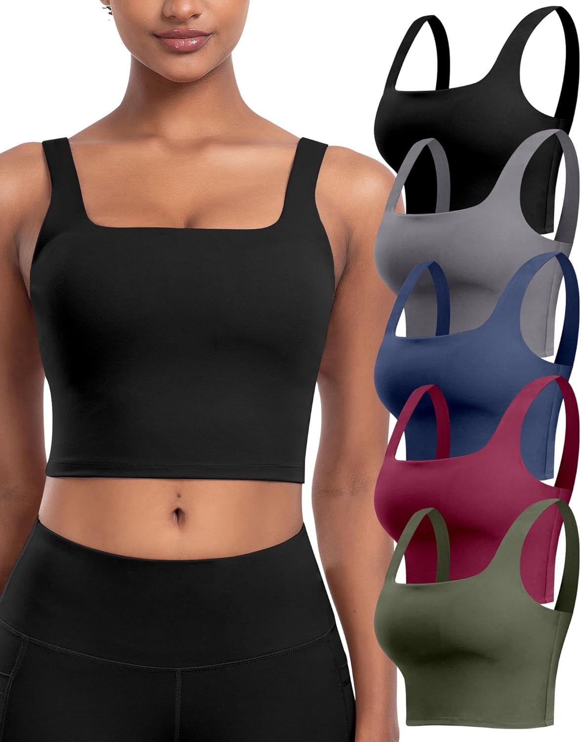 Skiennix Women's Sports Bras - 5-Pack Square Neck Longline Workout Crop Tops | Padded Yoga Camisole