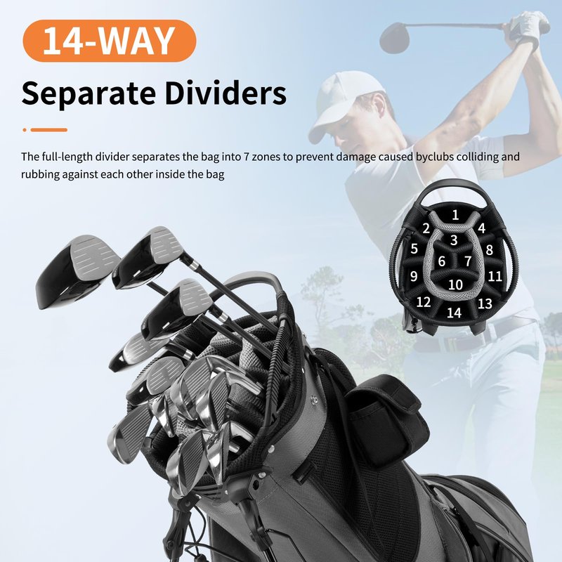 HYPATA 14 Way Golf Stand Bag-Lightweight Golf Bag for Men Women, Premium PU Leather Golf Bag with Stand, 8 Pockets, Cooler Pouch, Rangefinder Pouch, Detachable Dual Strap, Rain Cover Hood, Gray