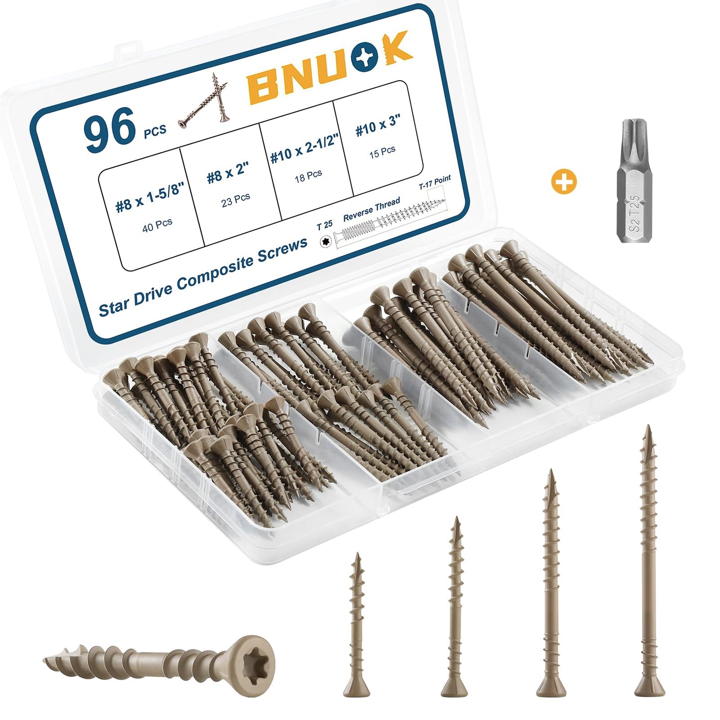 BNUOK 96 PCS Deck Screws Assortment Kit, Reverse Thread Composite Deck Screws Torx Drive Rust Resistant Epoxy Coated Exterior Wood Screw #8 1-5/8" 2" #10 2-1/2" 3", Tan