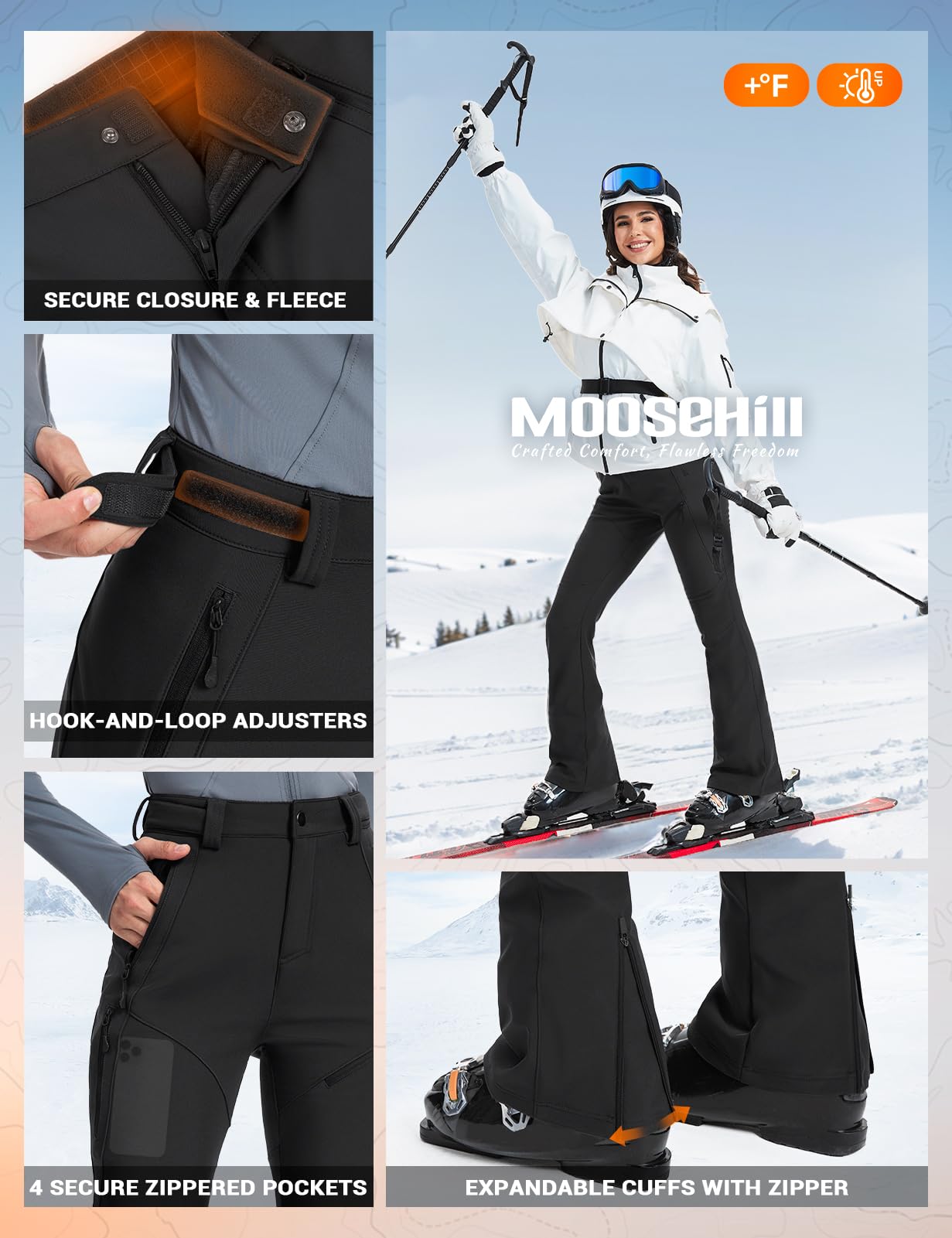 Moosehill Womens-Snow-Ski-Pants Water-Resistant Fleece Lined Warm Winter Hiking Thermal with 4 Zipper Pockets(Black, 8, 31")