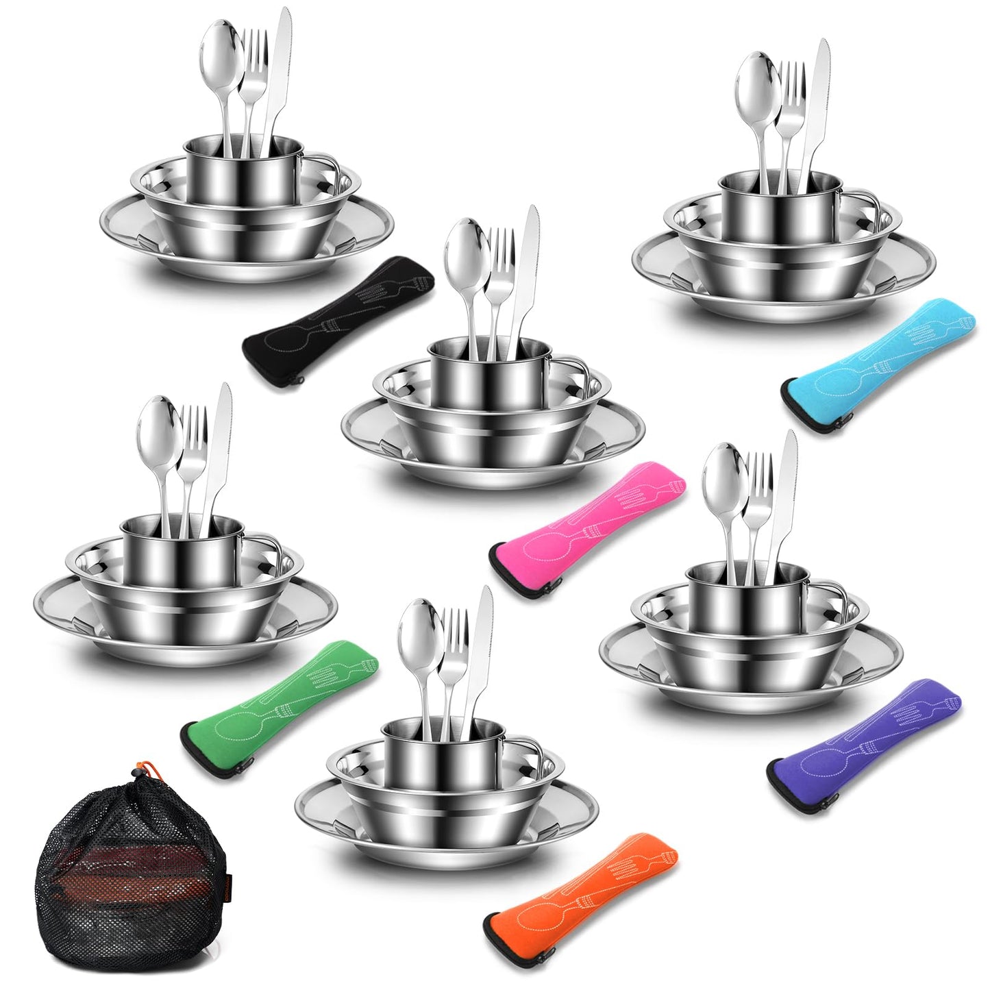 Odoland 29pcs Stainless Steel Utensils Camping Mess Kits with Bowls Plates Cups Forks Spoons and Knives for 4, Cutlery Flatware Set for Backpacking, Outdoor Camping Hiking and Picnic, 6 Person Set