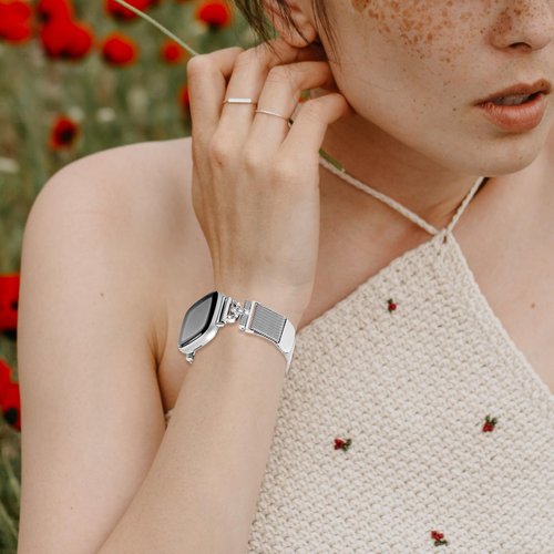 HAYONLIY Magnetic Bands Compatible for Fitbit Sense 2/Fitbit Versa 4/Fitbit Sense/Fitbit Versa 3, Mesh Stainless Steel Bling Strap, Dressy Replacement Adjustable Wristband for Women-Silver