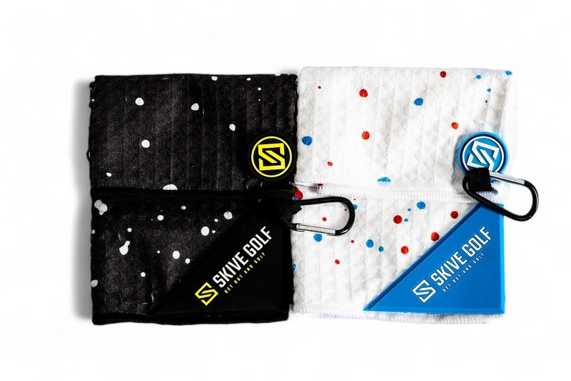 SKIVE Golf Premium Magnetic Golf Towel | Super Strong Magnet | Absorbent Microfiber Waffle Design | Built-in Silicone Brush | Golf Towels for Golf Bags (Black w/White Drip)