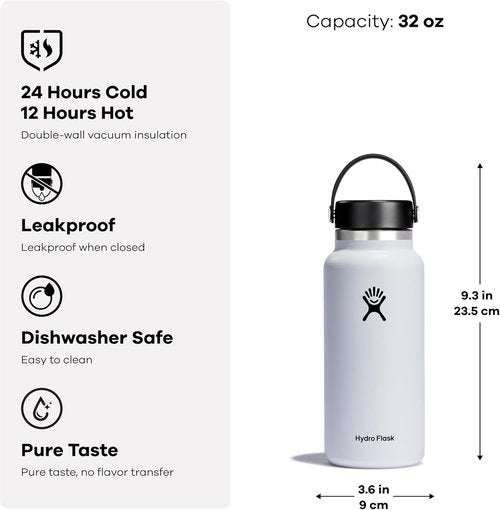 Hydro Flask 32 Oz Wide Mouth Water Bottle - Flexible Cap for Easy Drinking & Hydration