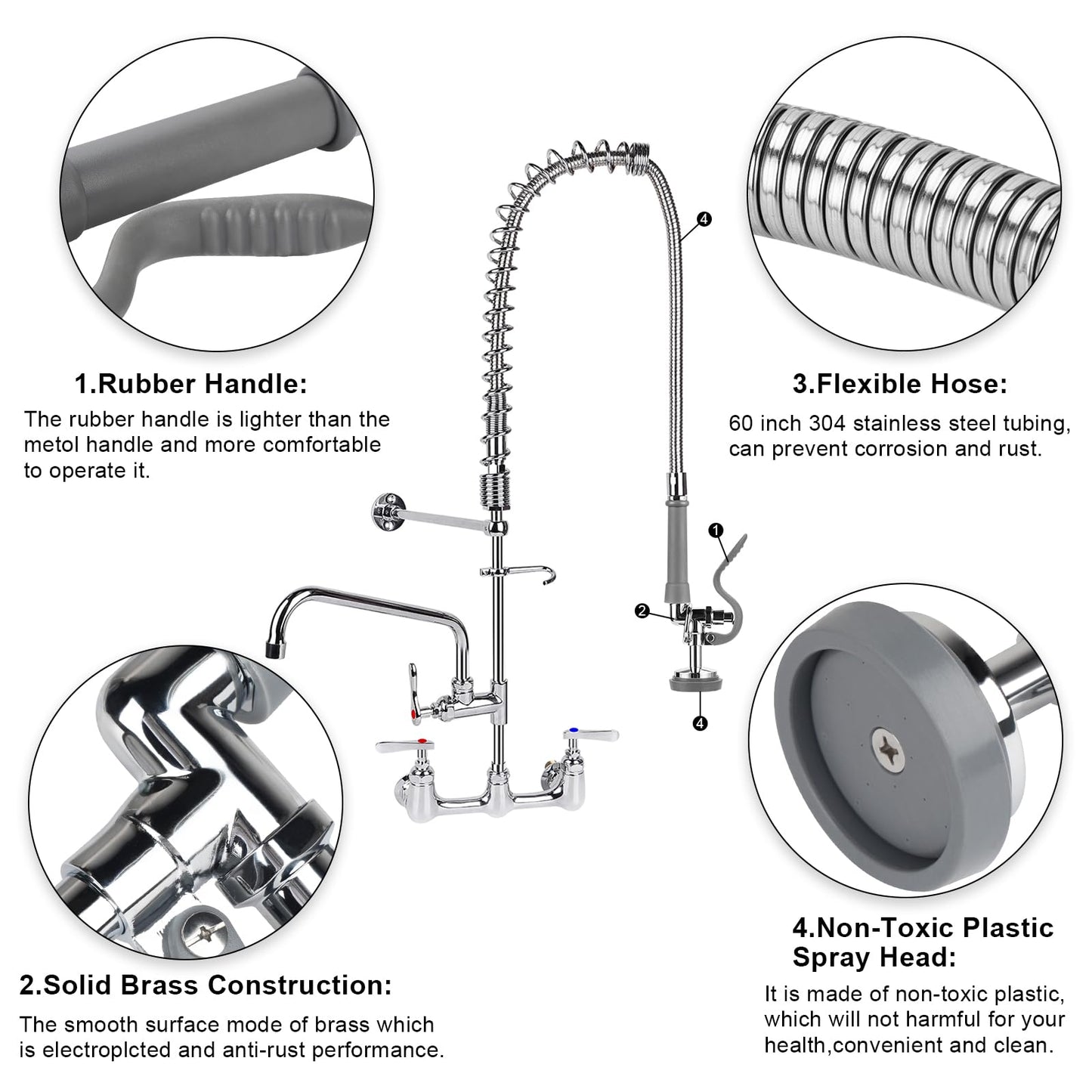Pre Rinse Spray Valve with 60'' Stainless Hose Commercial Sink Faucet with Sprayer Nozzle Head with Flexible Hose Replacement Kit for Dishwasher Restaurant Wall Mount Kitchen Industrial- Gray