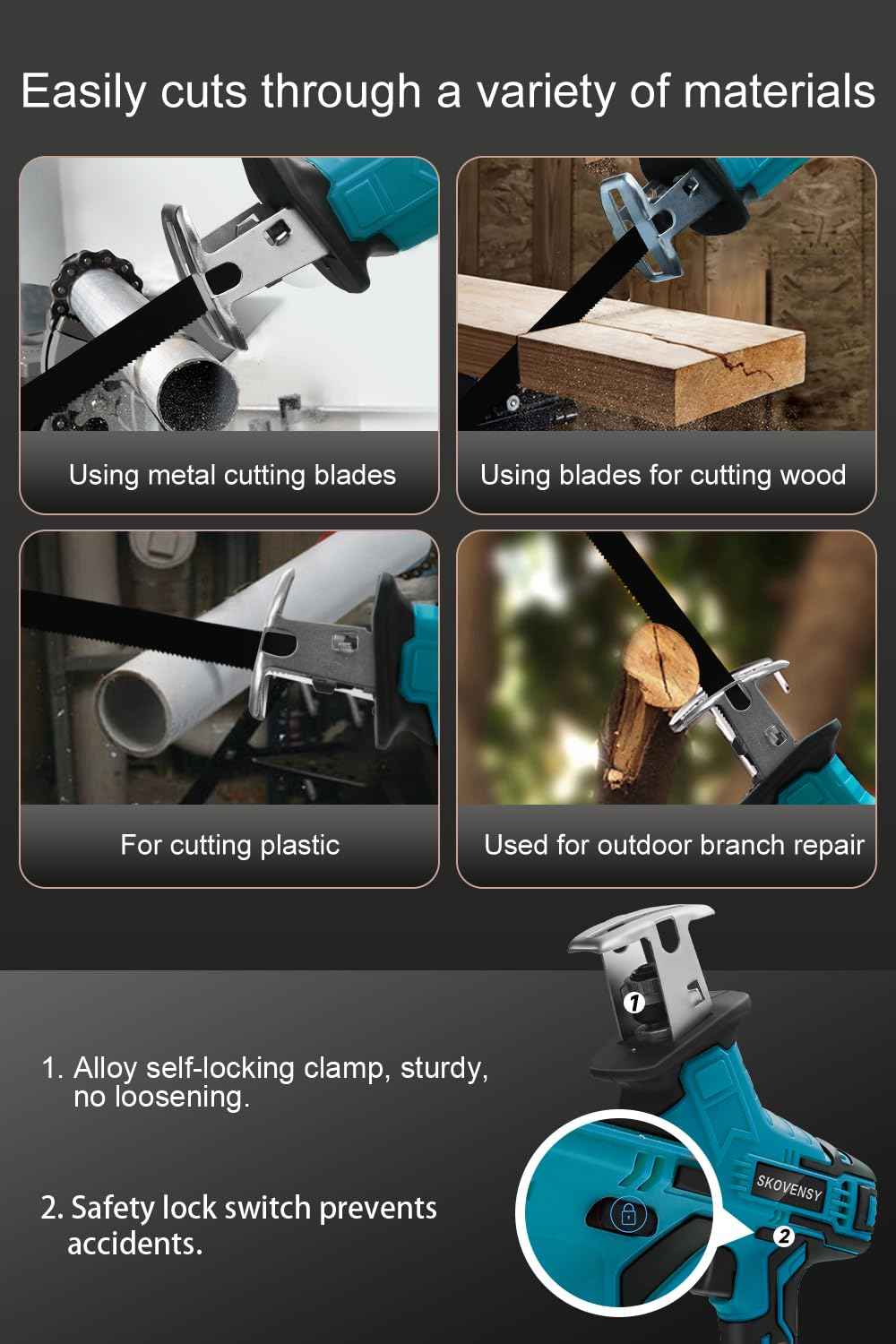 Cordless Reciprocating Saw, Battery x2, Reciprocating Saw Cordless, Variable Speed, Blades Kit for Metal/Wood/PVC Cutting, Blue