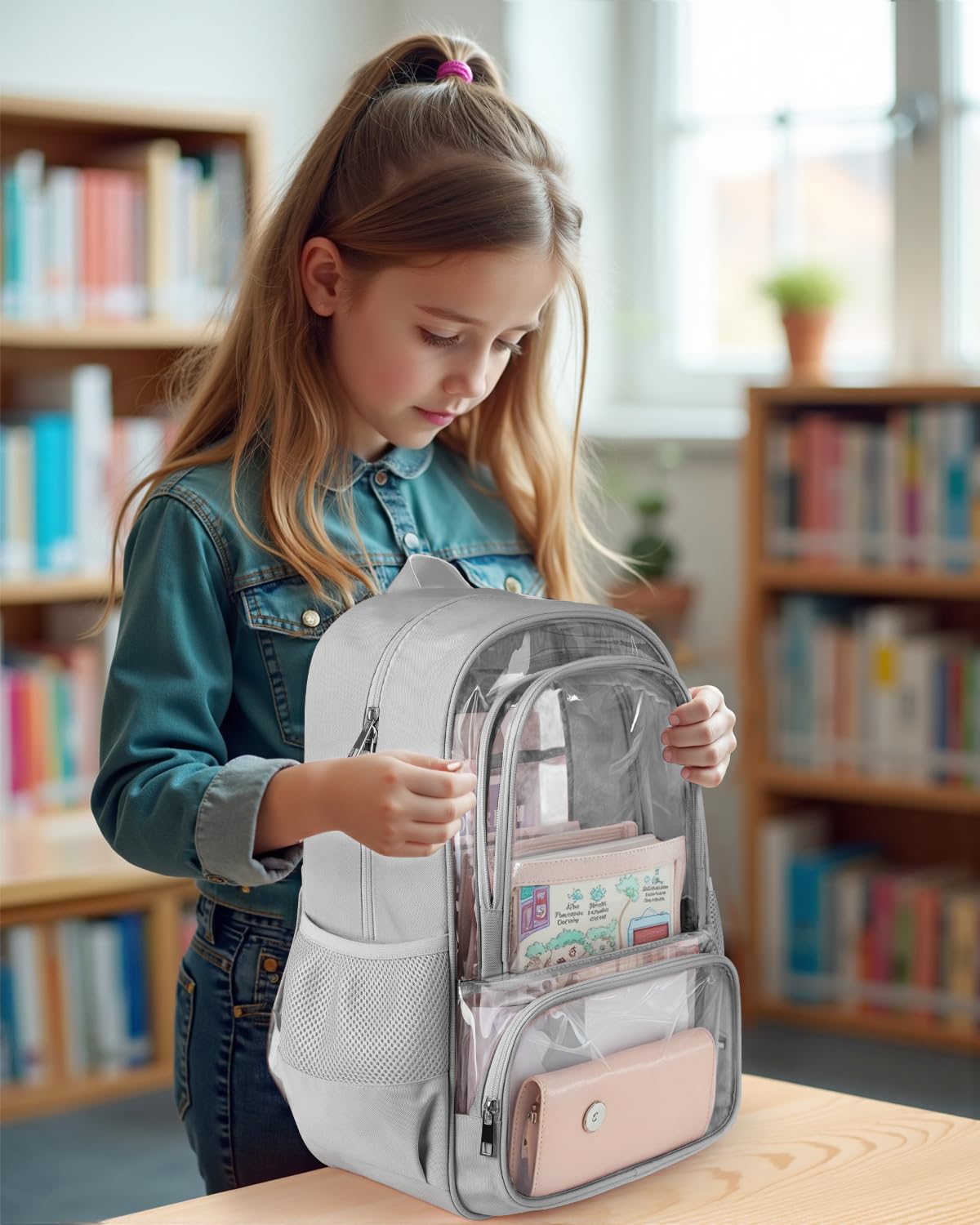 KIMNERPU Clear Backpack, Fabric & PVC Transparent Backpack with Reinforced Strap for Women Men, Heavy Duty Transparent Bookbag, Large Capacity Clear Bag, Travel, X-Large Grey