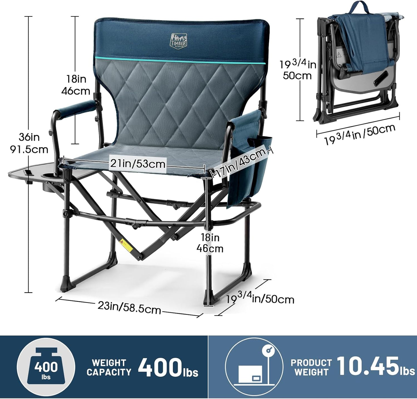 Timber Ridge Camping Directors Chair - Portable Heavy-Duty Folding Chair with Side Table | 400lbs Capacity, Blue