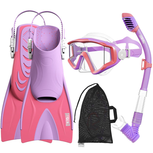 Aegend Snorkeling Gear Set for Kids - Anti-Fog Diving Mask, Adjustable Fins & Dry Snorkel, Full Snorkel Kit for Youth Swimming & Diving (Ages 5-15) (Purple, XS)