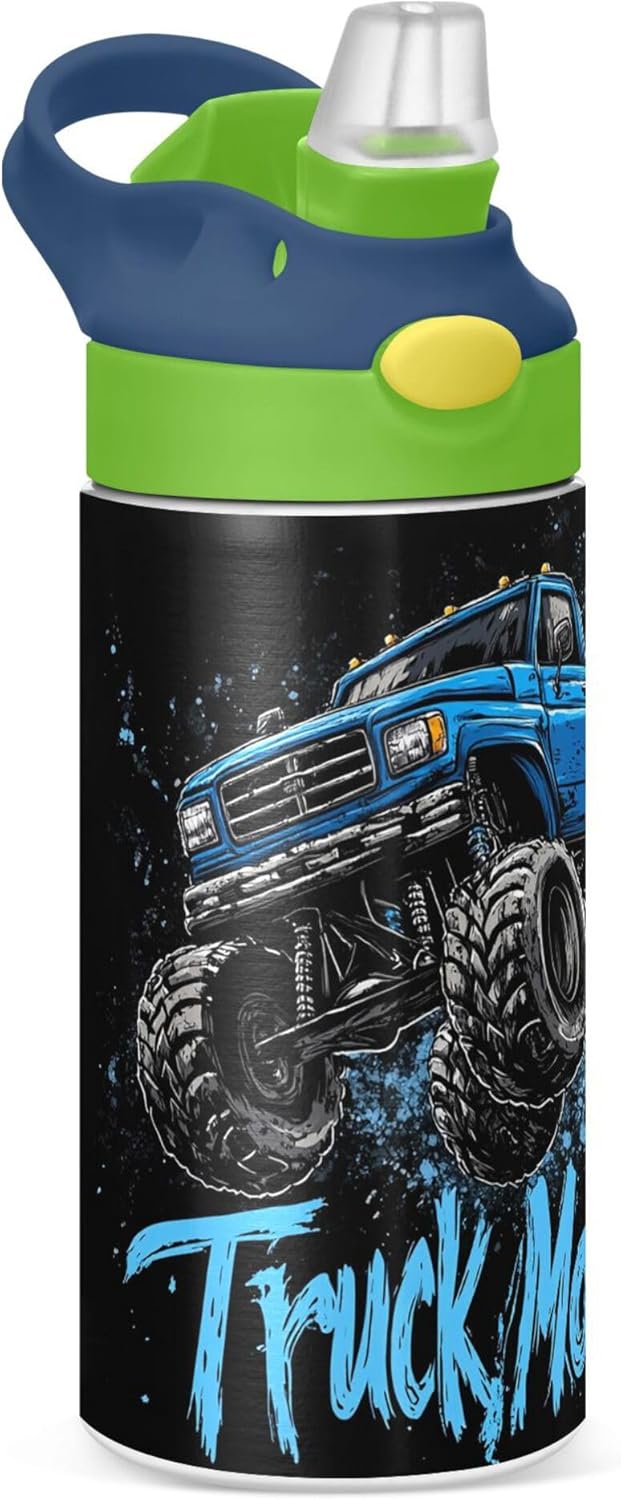 Monster Truck Water Bottle - Vacuum Insulated Stainless Steel with Straw & Handle | 12 oz Green Lid for Kids 4-8 Years Old