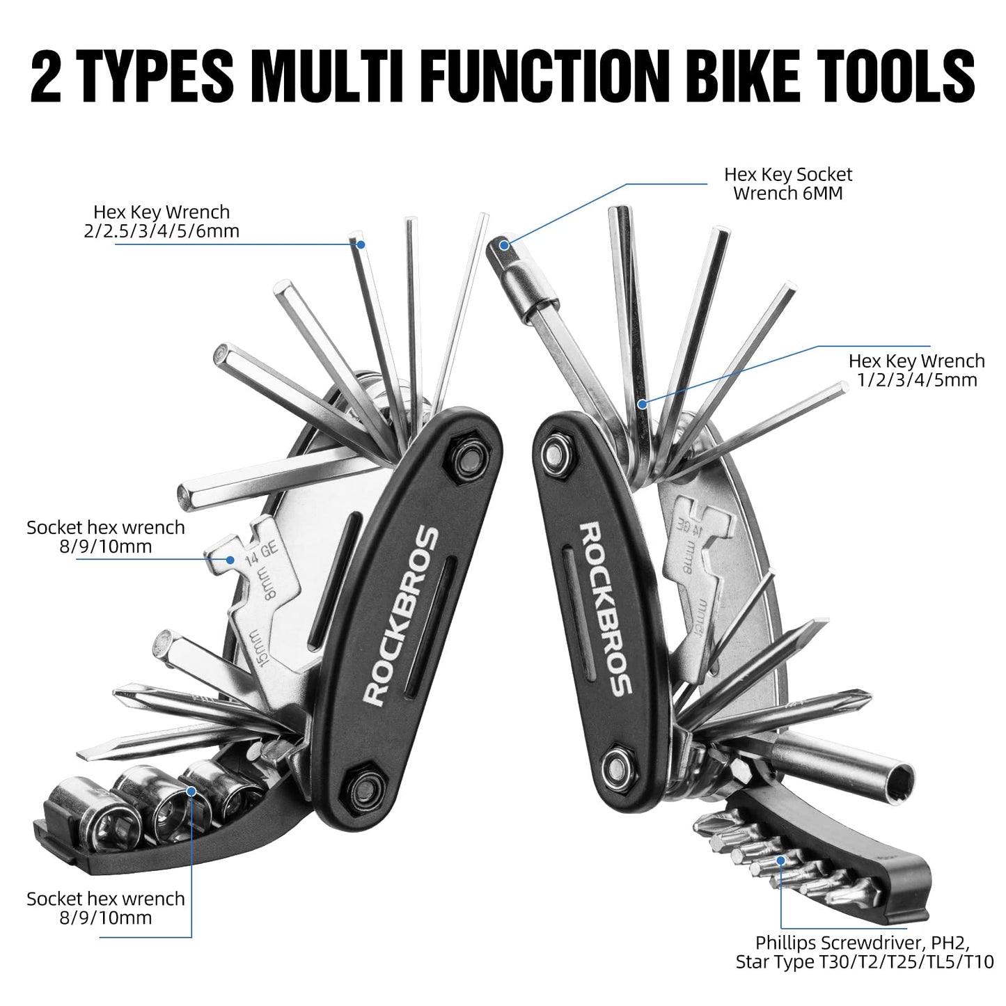 ROCKBROS 16 In 1 Multi-Function Bike Tool Kit - Portable Foldable Bike Multitool Cycling Tool Kit With Allen Wrench, Tire Levers
