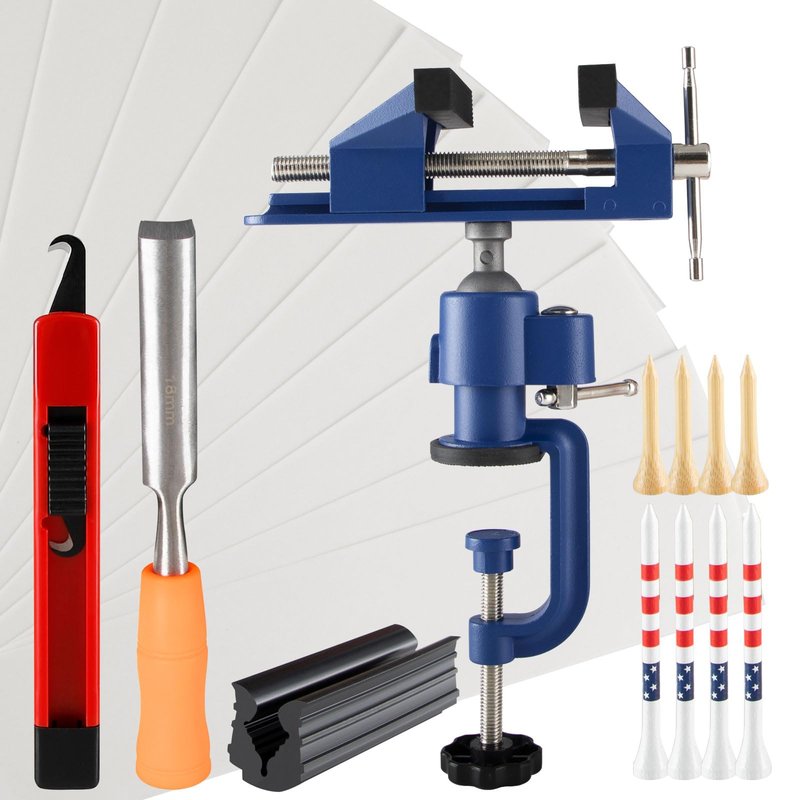 Golf Grip Repair Tabe Kit golf grip station Complete Regripping Tool: 360° Vise Clamp, Hook Blade, 15 Tapes, Rubber Sleeve with 8 Premium Tees for Home/Garage DIY Golfers Gifting