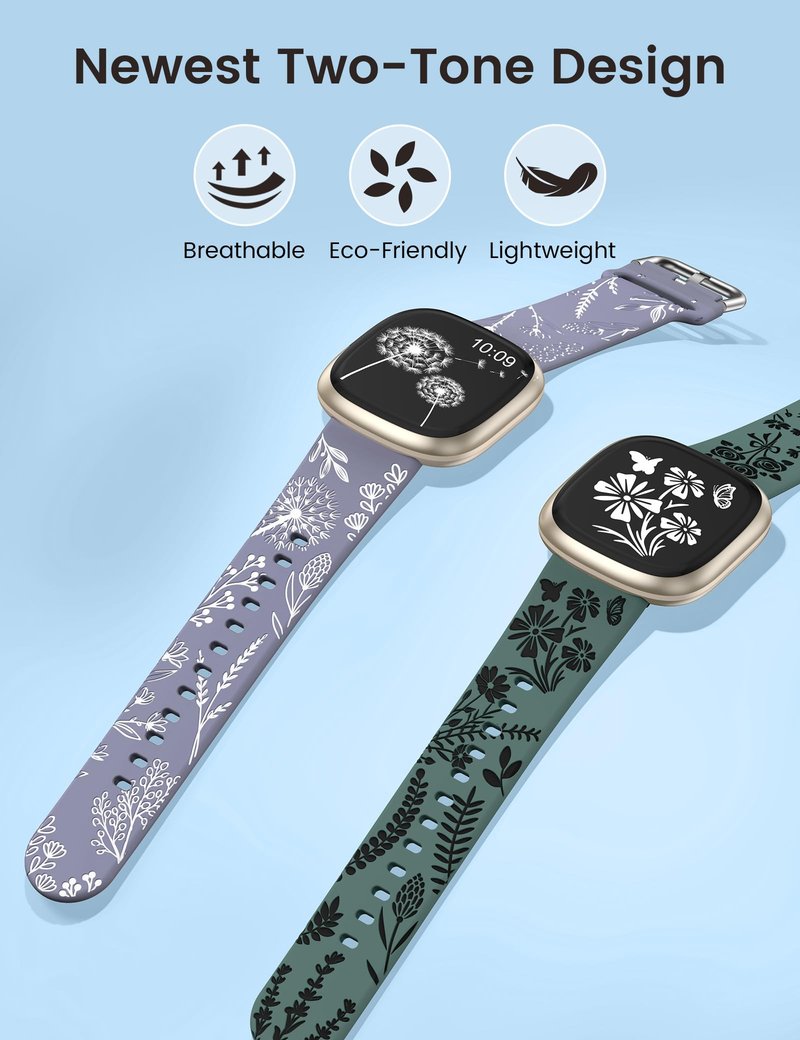 Wearlizer 2 Packs Floral Engraved Band Compatible with Fitbit Versa 4 Bands for Woman/Versa 3/Sense 2/Sense Bands Women, Cute Two-Tone Flower Soft Silicone Sport Strap