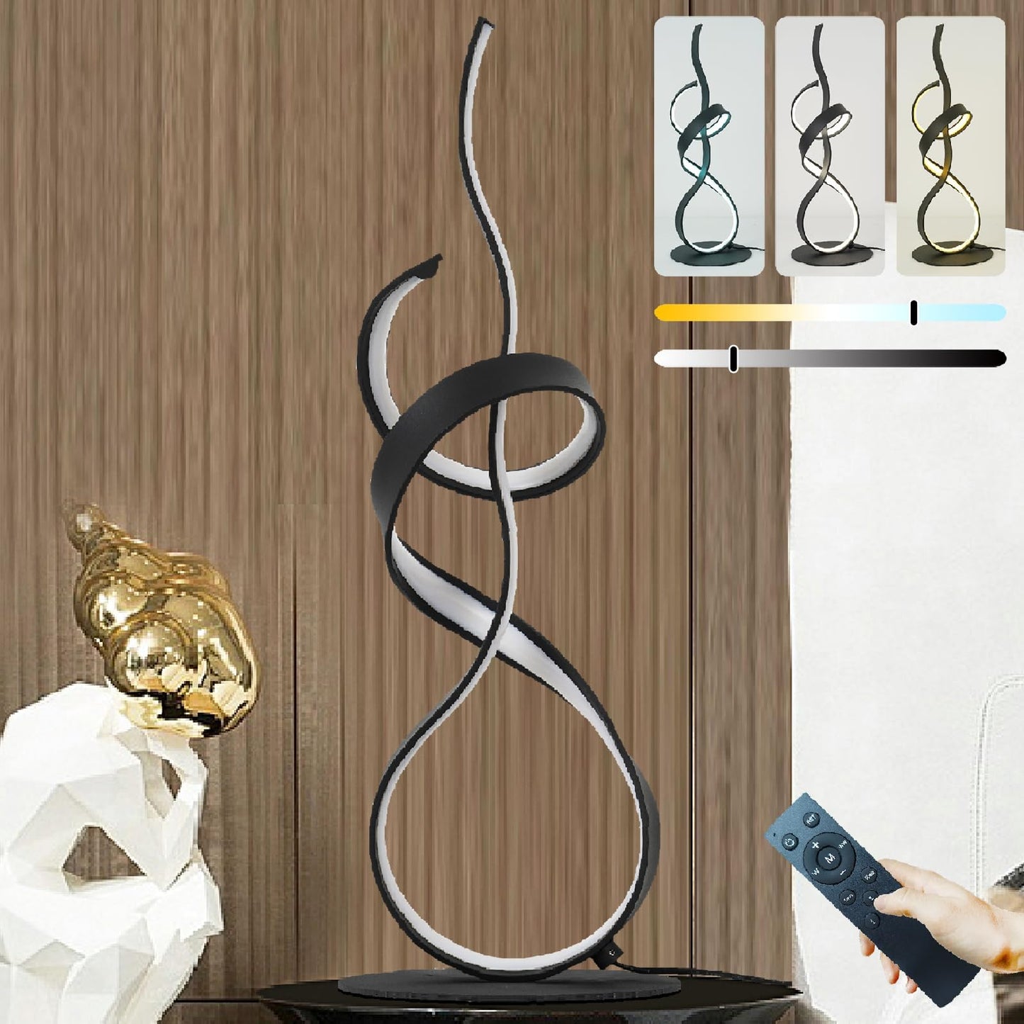 AooLiWang 22inch 24W 2700LM Modern Design 3CCT 2700K/4000K/6500K Stepless Touch Dimmable with Remote Control Art LED Table Lamps for Bedroom Bedside Living Room Villa Gift Idea (Black)