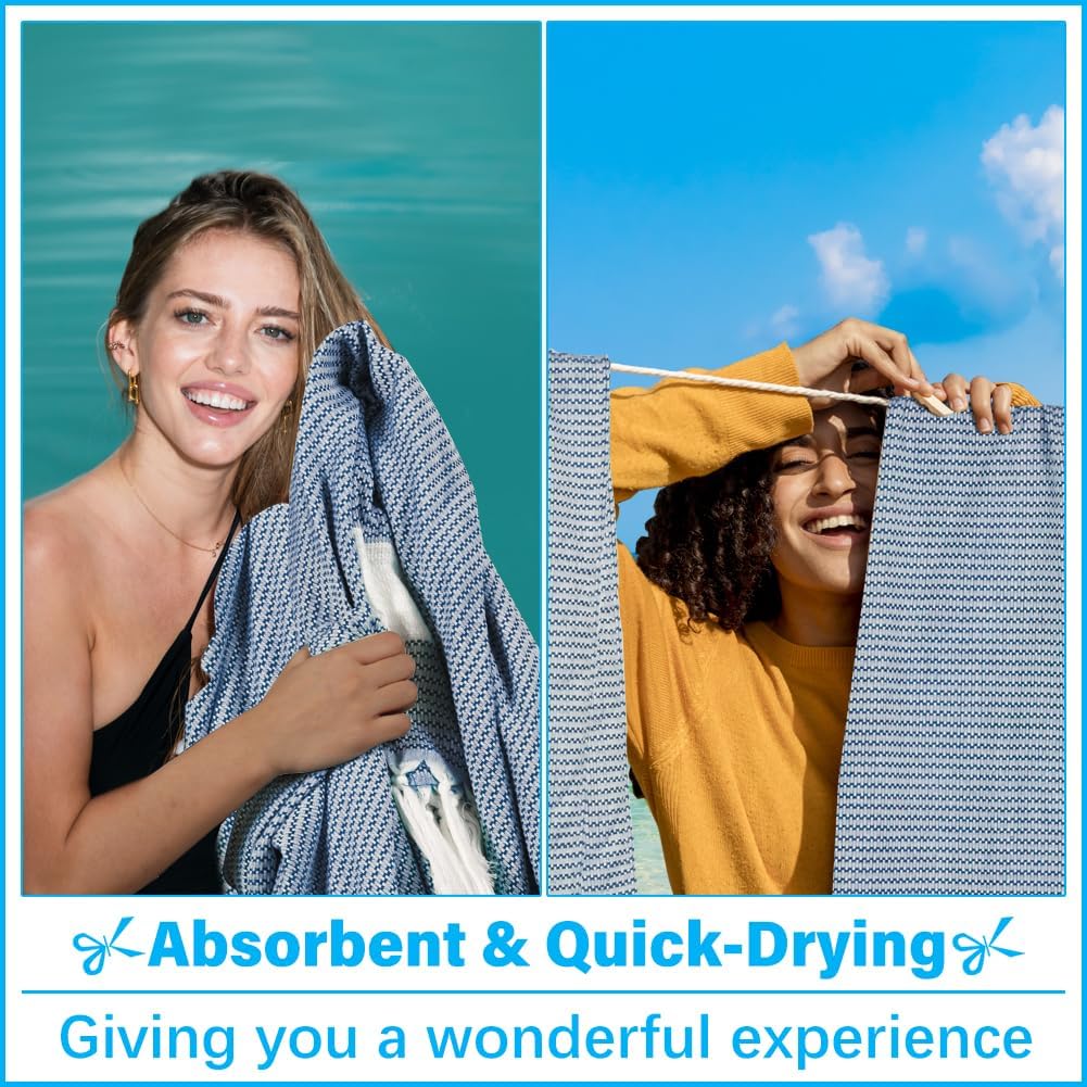 Skiennix Oversized Beach Towel - XXL Cotton Sandproof Blanket for Adults | Boho Woven Design in Blue
