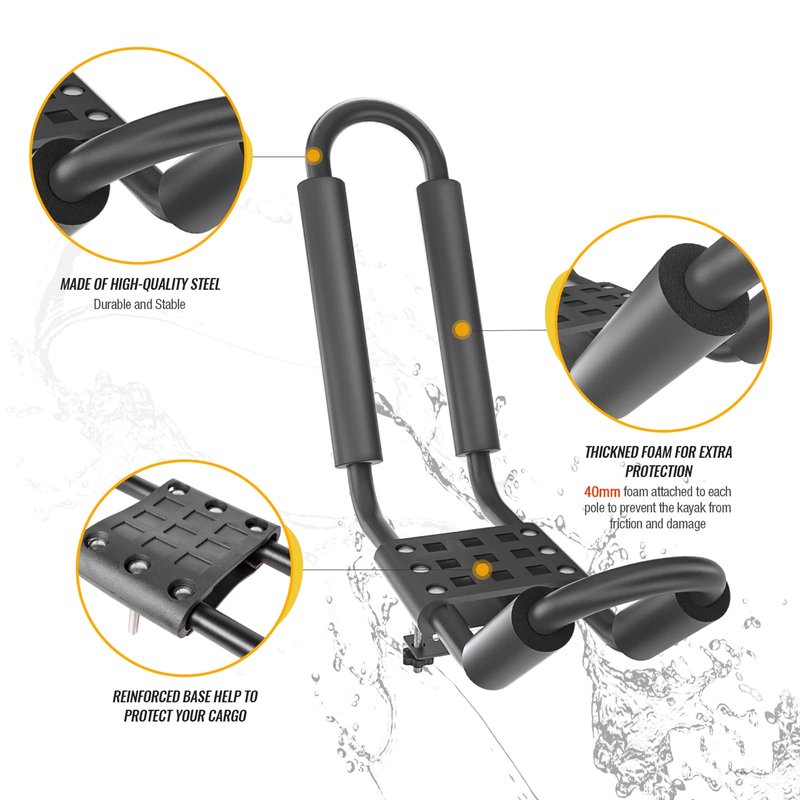 AA-Racks J-Bar Rack for Kayak Carrier Canoe Boat Paddle Board Surfboard Roof Top Mount on Car SUV Truck Crossbar with 16 Ft Ratchet Lashing Straps