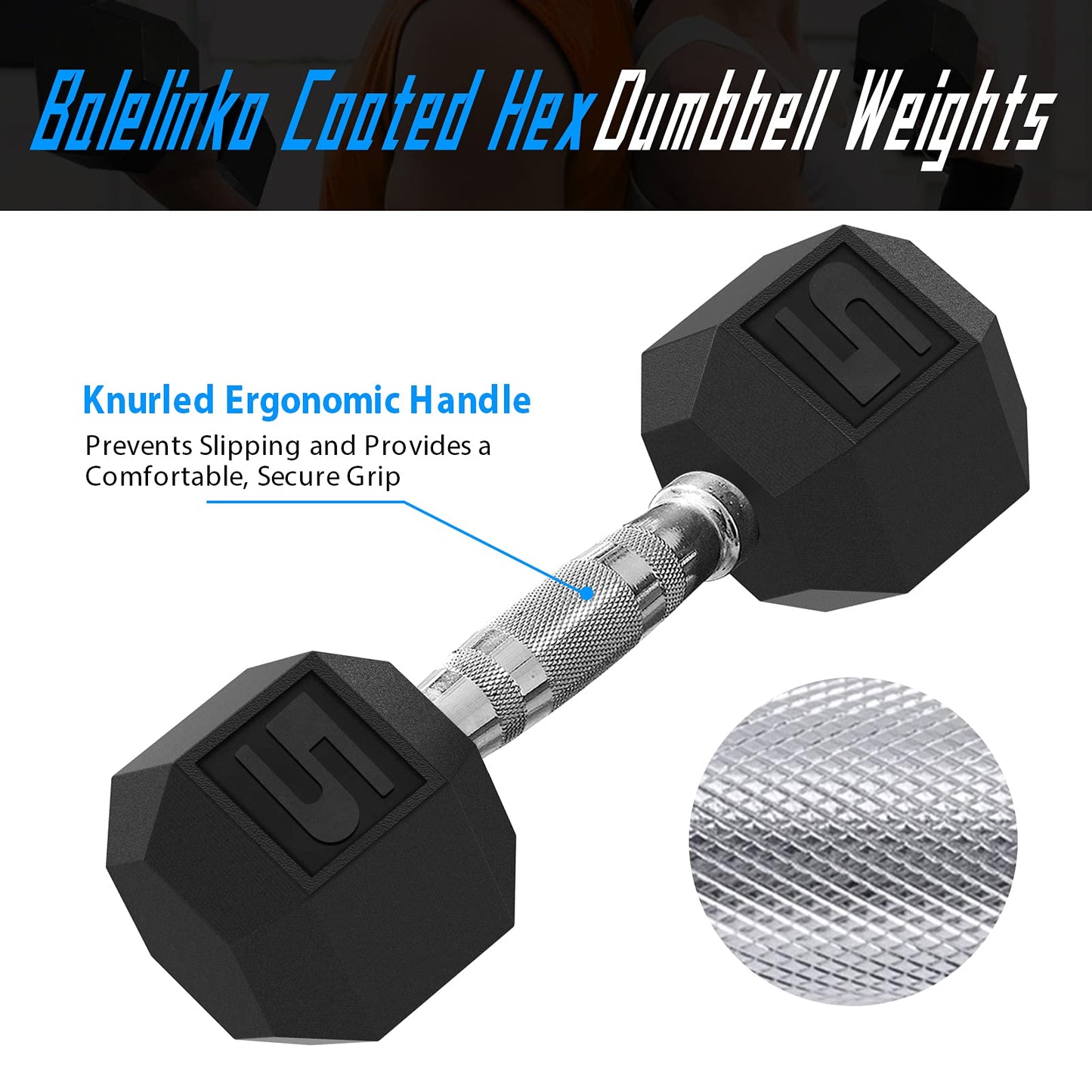 Balelinko Hex Dumbbells Free Weights Set with Metal Handles Rubber Encased Solid Cast Iron Hex Dumbbell in Pair, 5 LBS