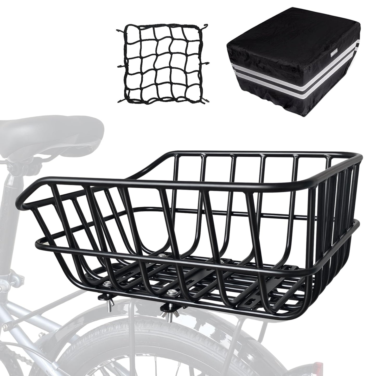RAYMACE Bike Basket Rear with Cargo Net and High Reflectivity Waterproof Cover,Bicycle Baskets for Adult Bikes,Easy to Install and Large Capacity Bike Accessories