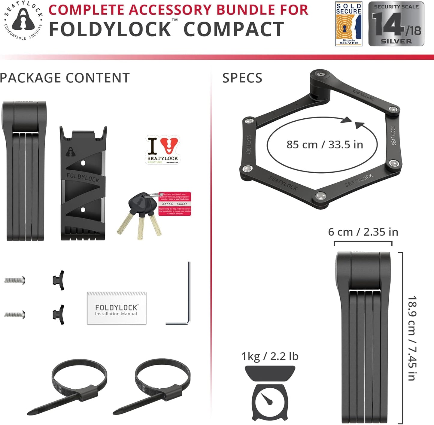 Seatylock FoldyLock Compact Folding Bike Lock - Lightweight High-Security Anti-Theft Design | Includes Keys & Case