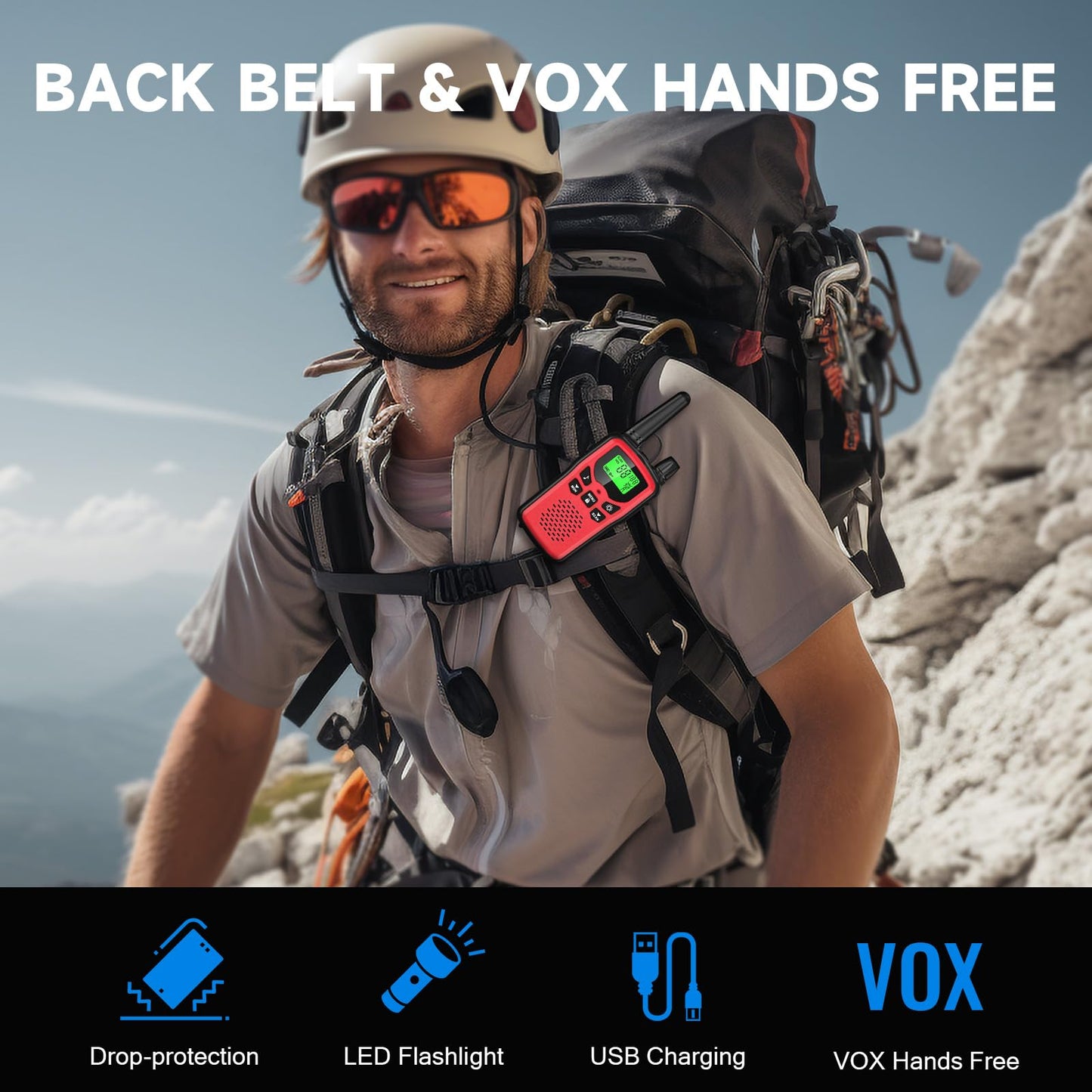 Rechargeable Walkie Talkies Long Range for Adults, Walky Talky VOX with 22 FRS Channels, 99 Privacy Codes Two Way Radio,1200mAh Li-ion Battery, for Camping Hiking Emergency (2 Pack Colorful)